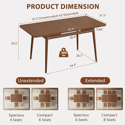 Muwuele Solid Wood Extendable Dining Table for 4-8 People with Seamless Extension from 47.2 to 63 Inches, Easy Assembly, Expandable Tables for Small Spaces, Dining Room, Kitchen, Living Room, Walnut