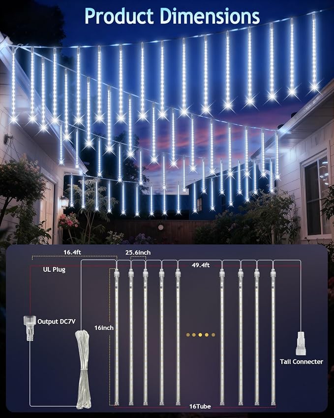 PEMOTech Christmas Lights Outdoor,16 Tubes 576 LED 16 Inch,Meteor Shower Lights Outdoor,Waterproof Icicle Lights,Luces Navideñas para Exteriores,White,50 ft for Christmas Tree,Party,Garden Decor