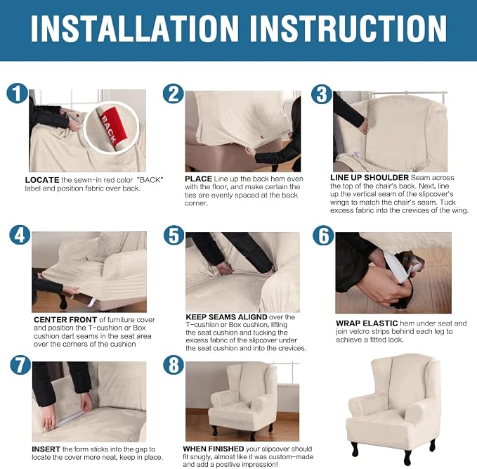 H.VERSAILTEX Wingback Chair Covers Polyester Spandex Plush Wing Chair Slipcover 1 Piece High Stretch Wing Back Chair Slipcovers Sofa Cover Furniture Cover with Elastic Bottom, Cream