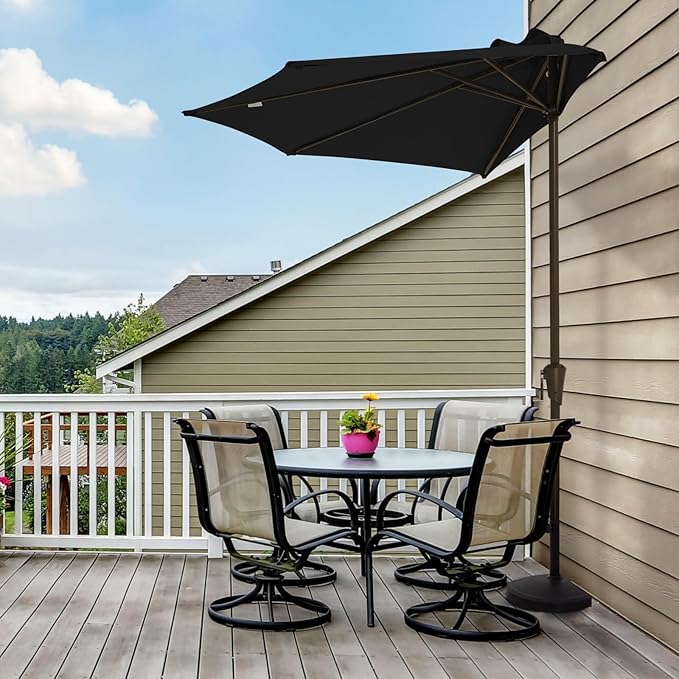JEAREY 9ft Half Umbrella Outdoor Patio Umbrella Market Umbrellas with Crank, 1/2 Round Wall Umbrella 5 Sturdy Ribs UV Protection for Pool Garden Balcony Deck, Black