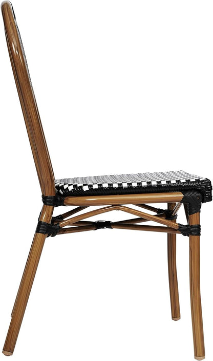 Flash Furniture Lourdes Indoor/Outdoor Commercial Thonet Bistro Stack Chair - Black/White PE Rattan Back and Seat - Natural Bamboo Print Metal Frame - 4 PK