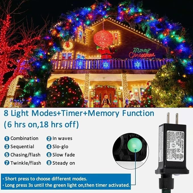 YEGUO 66ft 200 LED String Light Outdoor Waterproof, 8 Modes Christmas Lights Multicolor, Green Wire Twinkle Tree Light Plug in with Timer Memory