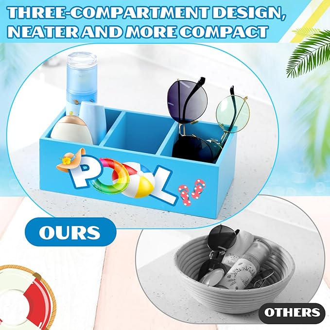 CroBlissful Pool Storage Basket Summer Swimming Pool Wooden Box with 3 Compartments Colorful Toilet Tank Tray for Indoor Outdoor Summer Beach Decor Sunblock Sunglasses Flip Flop Storage Box