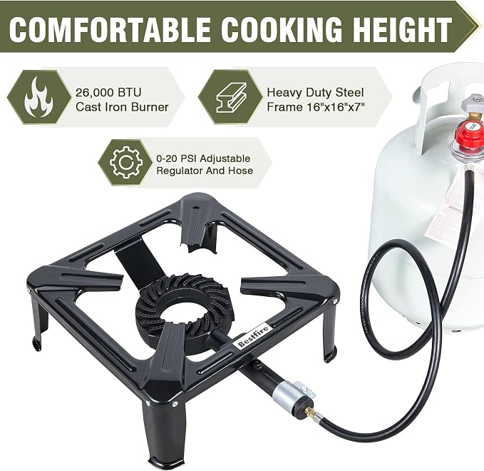 Bestfire High Pressure Propane Burner, 260,000 BTU Single Propane Stove | with 0-20 PSI Adjustable Hose & Regulator, 16" Square Steel Cooktop for Camping, Turkey Frying