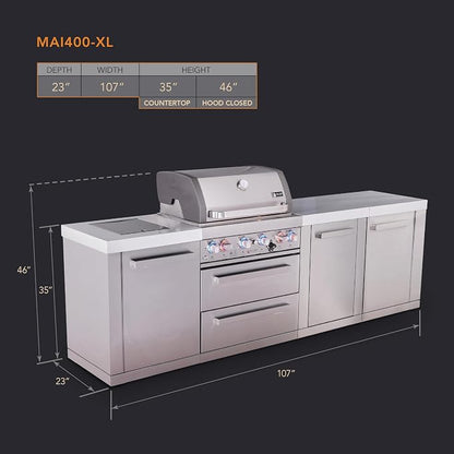 Mont Alpi Premium 107"W x 23"D x 46"H Stainless Steel Modular Outdoor Kitchen Island with Infrared Side Burner + 32"W 4-Burner BBQ Grill + Granite Countertops + Storage Cabinets + Soft Close Drawers