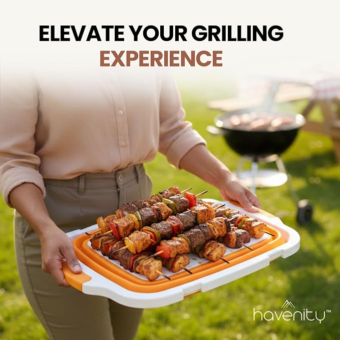 BBQ Prep Tub 2 Pack (16L+16L) - Multifunctional Collapsible Camping Cutting Board with Upgraded Locking lid, Meal Prep Meat Storage Container Perfect for Grilling, Outdoor Cooking (XL x 2)