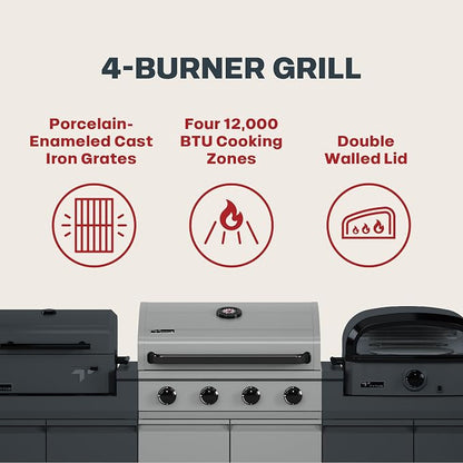 Tytus 4-Burner Gas Grill, Two Prep Carts, Charcoal Grill, and Pizza Oven | Anaheim Modular Outdoor Kitchen, Grill for Outdoor Cooking, Kitchen Island for BBQ, Included Cover, Light, and Pizza Tool Kit