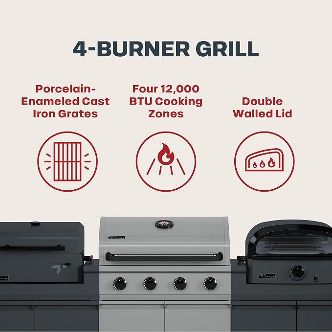 Tytus 4-Burner Gas Grill, Two Prep Carts, Charcoal Grill, and Pizza Oven | Anaheim Modular Outdoor Kitchen, Quick Assembly, Grill for Outdoor Cooking, Kitchen Island for BBQ, Cover Included