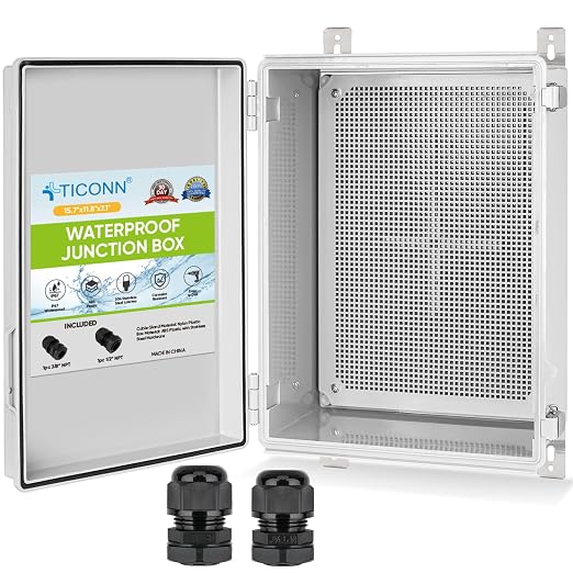 TICONN Outdoor Electrical Box Waterproof, Junction Box IP67 ABS Plastic Enclosure with Hinged Cover with Mounting Plate, Wall Brackets, Cable Glands (Off-White, 15.7"x11.8"x7.1")