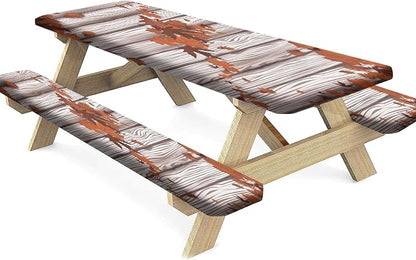 Autumn Picnic Table Cover with Bench Covers, Fall Maple Tree and Leaves Rustic Wooden Planks Elastic Edged Table Cover, 28x72 Inch, 3 Piece Set, for Picnics Indoor and Outdoor Dining Use