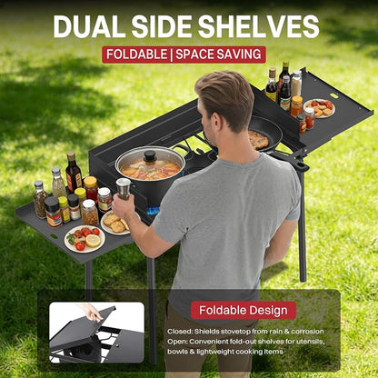 3 Burner Propane Camp Stove | 225,000 BTU | High Pressure Gas Burners | CSA Certified | Side Shelves | Windscreen | Waterproof Cover | Detachable Legs | Ideal for Camping Backyard Outdoor Cooking