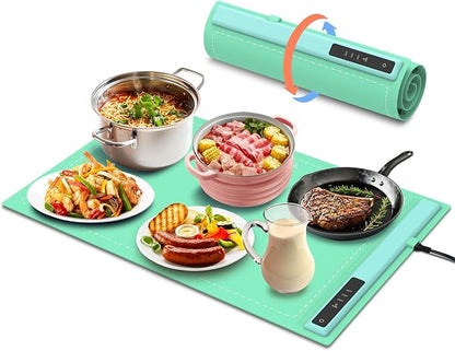 Electric Warming Tray - 3 Modes &Full Surface Heating,Rollable & Portable,Premium Silicone Nano-Material,3 Temperature Settings,Auto Shut-Off -Versatile Food Warmer for Gatherings,Parties (Green)