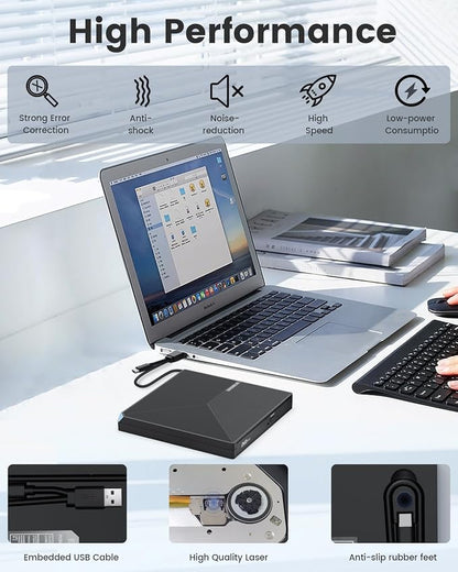 ORIGBELIE External CD DVD Drive, Portable USB C & A USB 3.0 DVD +/-RW Player Burner Reader Writer Optical CD ROM Disc Drive for MacBook Laptop iMac Desktop PC Windows 11/10/8/7/XP Linux Mac OS