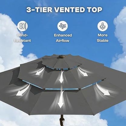 10ft 3-Tier Patio Umbrella with 32 Solar Powered LED Lights, Windproof Outdoor Market Umbrella for Deck, Poolside & Garden, Sturdy Push-Button Tilt Table Umbrella, Gray