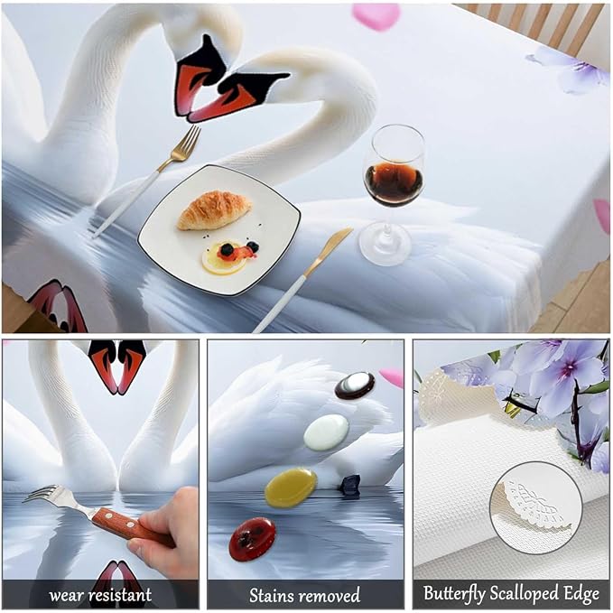 Swono Decorative Rectangle Table Cloth Swans, White Swans Love Heart Flowers Polyester Tablecloth Kitchen Table Cover for Dining BBQ Picnic Coffee Table 50x72, 4-6 Seats