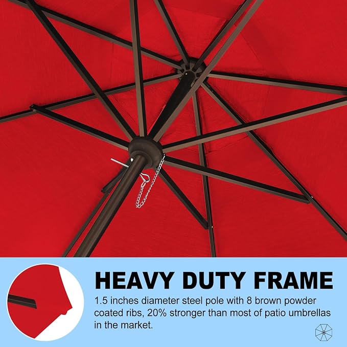 Eurmax USA 10-Year-Non-Fading 10FT Outdoor Patio Market Umbrella,UPF50+ UV Resistant Sun Shade,Heavy Duty Commercial Grade,Crank Lift Design,Windproof Vented Top for Garden,Pool,Deck,Logo Red