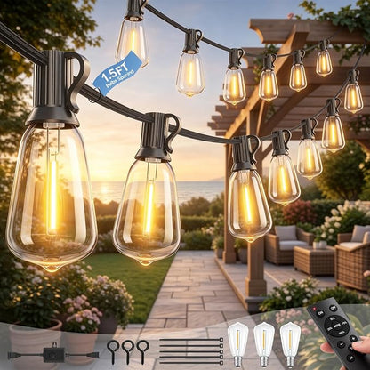 Outdoor String Lights 80FT, 50+4 Shatterproof Bulbs ST38, 1.5FT Spacing, IP65 Waterproof | Dimmable with Remote, Heavy-Duty, Include Screw & Zip Ties for Patio Backyard Holiday Outside
