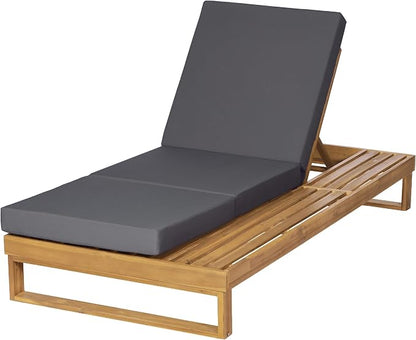 Merax 2 Piece Teak Finish Acacia Wood Chaise Lounge with 4-Inch Dark Grey 3-Fold Water-Resistant Cushion Set, 4-Position Adjustable Outdoor Patio Lounger with Flat Side Surface, for Poolside