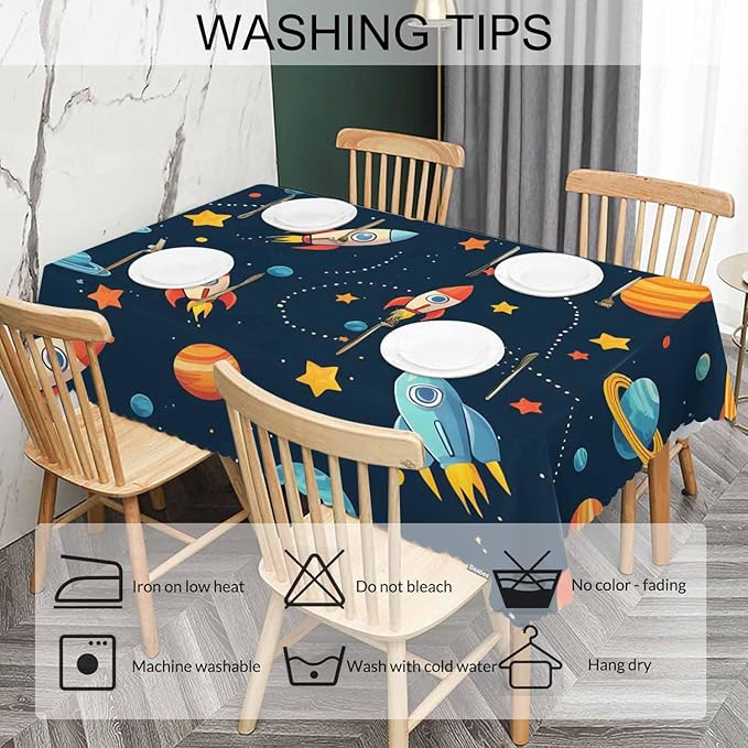 Table Cloth Galaxy Space, Cute Spacecraft Planet Solar System Farmhouse Tablecloth Soft Table Cover for Kitchen Dinning Tabletop Decoration, 52x70 Inch Fitted Tablecloth