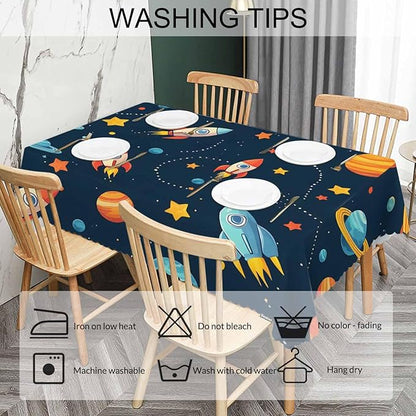 Table Cloth Galaxy Space, Cute Spacecraft Planet Solar System Farmhouse Tablecloth Soft Table Cover for Kitchen Dinning Tabletop Decoration, 52x70 Inch Fitted Tablecloth