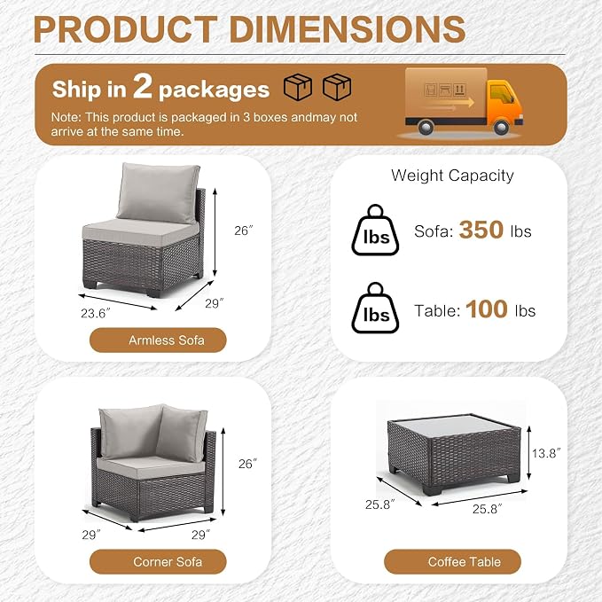 MOCHITO 5 Pieces Outdoor Patio Furniture Sets, All-Weather Sectional Sofa Grey PE Rattan Wicker Conversation Set with Glass Table and Washable Grey Cushions for Backyard,Sunroom,Garden,Porch