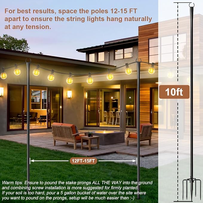 6 Pack String Light Poles for Outside, Upgraded Heavy-Duty Metal Poles for Outdoor String Lights with Fork, Adjustable Lighting Hanging Accessories for Patio Decor Pergola Backyard Garden Decorations
