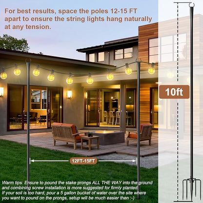 6 Pack String Light Poles for Outside, Upgraded Heavy-Duty Metal Poles for Outdoor String Lights with Fork, Adjustable Lighting Hanging Accessories for Patio Decor Pergola Backyard Garden Decorations