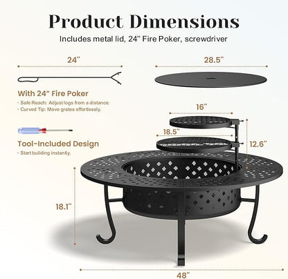 Outdoor Fire Pit, 48" Fire Pit for Outside Wood Burning with Adjustable 2 Grills, Firepit with Lid and Fire Poker, BBQ, Bonfire, Round Outdoor Fireplace 3 in 1 for Patio, Backyard, Garden, Camping