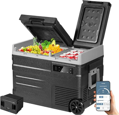 ELECAENTA 12V Refrigerator with Battery, 43qt Dual Zone, Support DC/AC/Solar/Battery Powered, Portable Car Fridge Freezer -4℉~68℉, Electric Cooler for Vehicles Camping Travel Fishing Road Trips