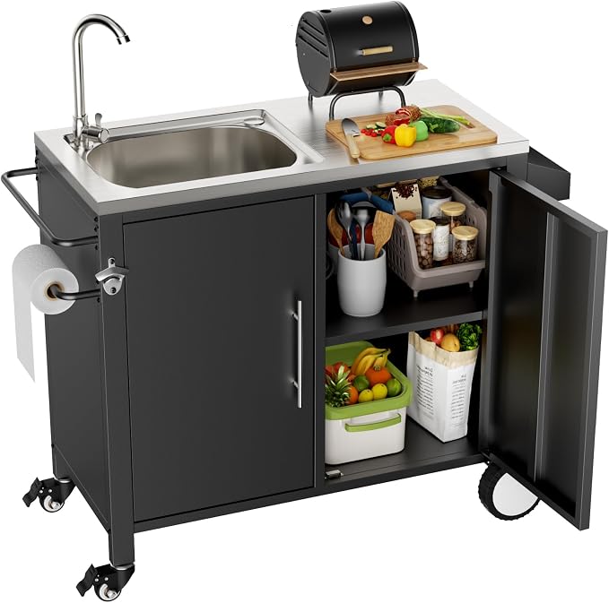 KEIKI Outdoor Grill Table with Sink, Grill Cart with 304 Stainless Steel Sink and Cabinet, Outdoor Cart Station with Wheels, L38 x W18 x H35