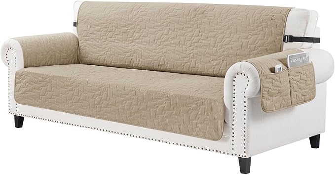 CUCRAF Non Slip Quilted Sofa Cover, Water Resistant Slipcover Furniture Protector for 3 Cushion Sofa Pet Friendly, Washable Couch Cover with Adjustable Elastic Straps (X-Large, Khaki)