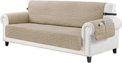 CUCRAF Non Slip Quilted Sofa Cover, Water Resistant Slipcover Furniture Protector for 3 Cushion Sofa Pet Friendly, Washable Couch Cover with Adjustable Elastic Straps (X-Large, Khaki)