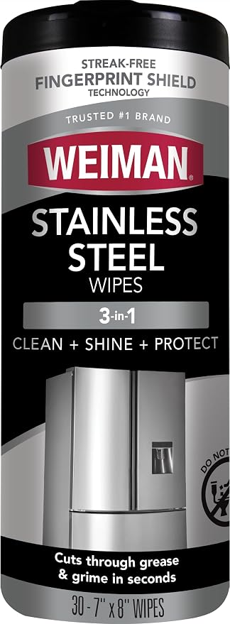 Weiman Stainless Steel Cleaner & Polisher, 30 Ct Wipes, Kitchen Appliance | Anti Fingerprint, Tetrachloroethylene (PCE) Free, Removes Water Spots & Grease, No Streaks or Residue, Metal Polish, Chrome,