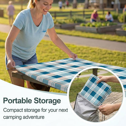 Picnic Table Cover Bench Covers Camping Essentials Tablecloth | Waterproof Vinyl for Outdoor, Windproof Elastic Fitted Edges, RV BBQ Accessories Must Haves, Storage Bag Included