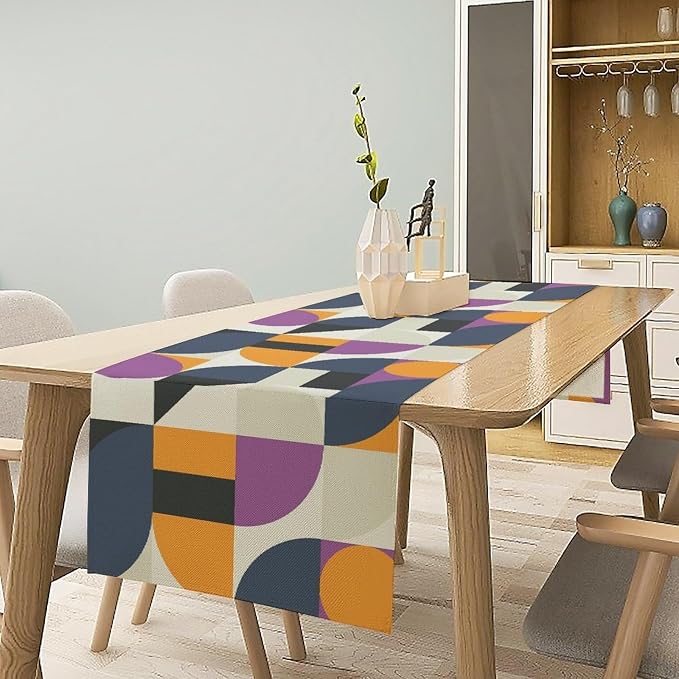 Mid Century Geometric Table Runner,Nordic Abstract Splicing Semicircle Linen Table Runners for Indoor Outdoor Home Holiday Wedding Birthday Party Decoration 13x36in