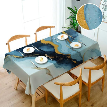 Swono Blue Gold Marble 52"X70" Oblong Table Cloth Natural Swirl Fluid Marble Wrinkle Free Table Cover Farmhouse Tablecloth for Home Restaurant Picnic Indoor Outdoor Dining