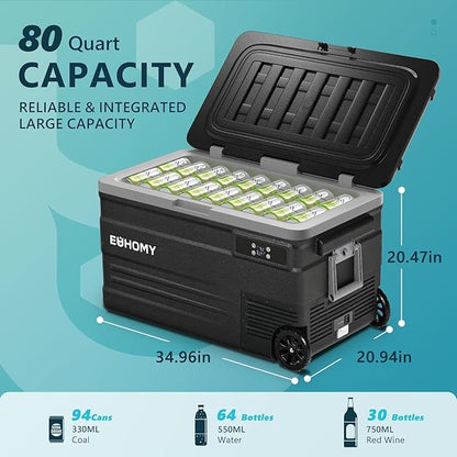 EUHOMY 12 Volt Car Refrigerator, 80 Quart(75L) Electric Cooler 0℉~68℉, Car fridge 12/24V DC & 110-240V AC Portable Refrigerator with Wheels, 12V Fridge for Camping, Trip, Truck, Home, Boating