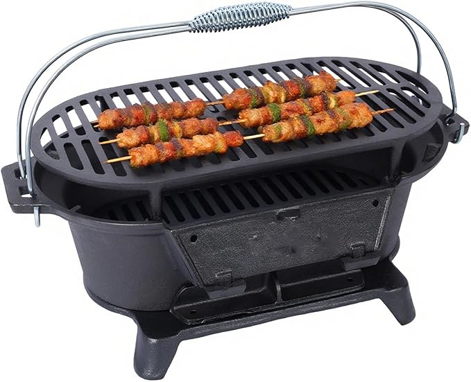 Cast Iron Hibachi Grill & Skillet Combo, Portable Charcoal Hibachi Grills, Compact Camping Charcoal Cooker for Tailgating, Picnics & Hunting (A)