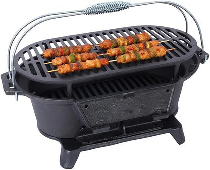 Cast Iron Hibachi Grill & Skillet Combo, Portable Charcoal Hibachi Grills, Compact Camping Charcoal Cooker for Tailgating, Picnics & Hunting (A)