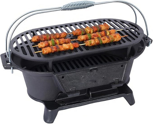 Cast Iron Hibachi Grill & Skillet Combo, Portable Charcoal Hibachi Grills, Compact Camping Charcoal Cooker for Tailgating, Picnics & Hunting (A)