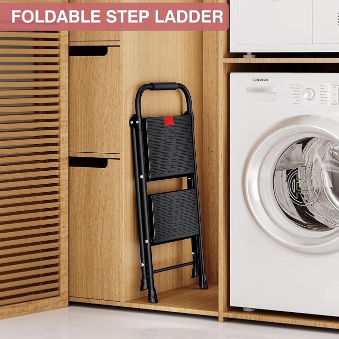 TOOLF 2 Step Ladder, Folding Steel Step Ladder with Handrail, Black | 500 lb Capacity, Wide Anti-Slip Pedals, Steel Frame, Safety Handrail, Foldable, Indoor & Outdoor Use