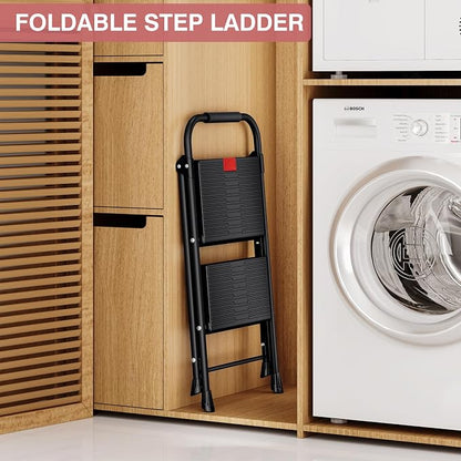 TOOLF 2 Step Ladder, Folding Steel Step Ladder with Handrail, Black | 500 lb Capacity, Wide Anti-Slip Pedals, Steel Frame, Safety Handrail, Foldable, Indoor & Outdoor Use