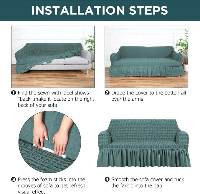 Fanfanwin 3 Pcs Sofa Slipcover Set for Couch Cushion Durable Washable High Elastic Stretchable Furniture Couch Covers with Skirt for Sofa Loveseat Arm Chair (Sage,Seersucker)
