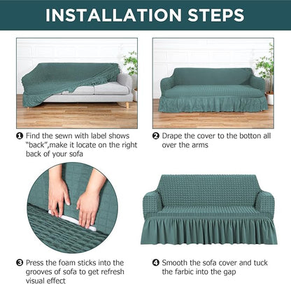 Fanfanwin 3 Pcs Sofa Slipcover Set for Couch Cushion Durable Washable High Elastic Stretchable Furniture Couch Covers with Skirt for Sofa Loveseat Arm Chair (Sage,Seersucker)