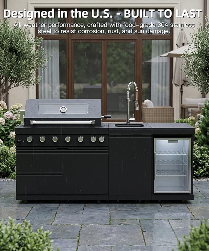 Outdoor Kitchen Island Barbecue Grill with Refrigerator & Rotisserie, Heavy-Duty Stainless Steel Freestanding Grills Station, Weather-Resistant Cooking Cabinet for Backyard & Summer Propane Gas