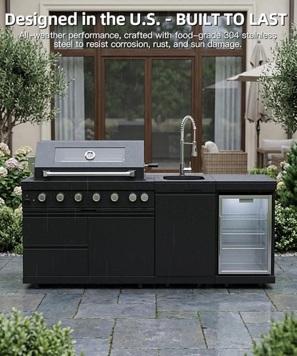 Outdoor Kitchen Island Barbecue Grill with Refrigerator & Rotisserie, Heavy-Duty Stainless Steel Freestanding Grills Station, Weather-Resistant Cooking Cabinet for Backyard & Summer Propane Gas