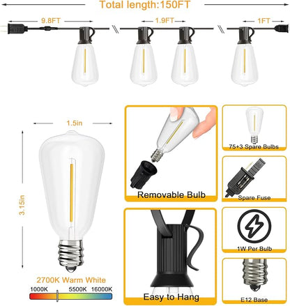 Svater Outdoor String Lights 150 FT Outside Patio Light 78 Bulbs Waterproof | Connectable Hanging Lighting For Bistro Cafe Market Backyard, Shatterproof Dimmable Edison LED Bulb, Warm White 2700K