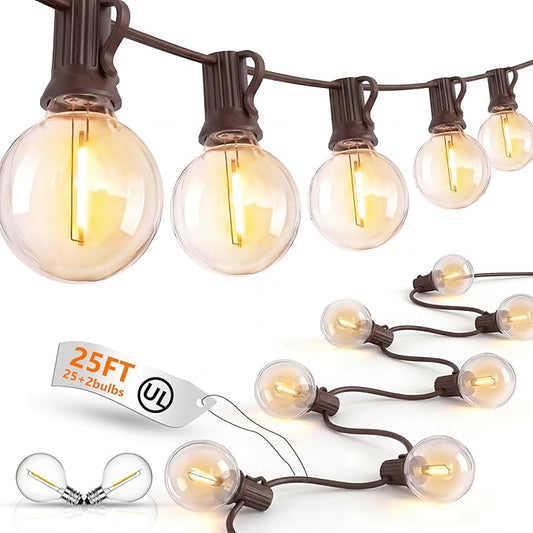 GOOTHY 25Ft Outdoor LED String Lights with 25 Shatterproof G40 LED Clear Globe Bulbs, Edison Vintage Bulbs Hanging Sockets, Decorative Lighting for Café Patio Porch Party Yard Christmas-Brown Wire