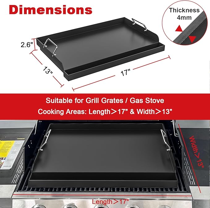 17" x 13" Nonstick Griddle Insert for Gas Grills, Carbon Steel Flat Top Griddle for Gas/Electric/Charcoal Grill, Universal Cooking Plate with Grease Groove for Outdoor Camping Tailgating Parties