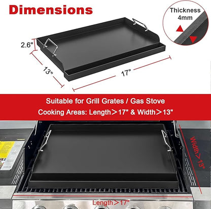 17" x 13" Nonstick Griddle Insert for Gas Grills, Carbon Steel Flat Top Griddle for Gas/Electric/Charcoal Grill, Universal Cooking Plate with Grease Groove for Outdoor Camping Tailgating Parties